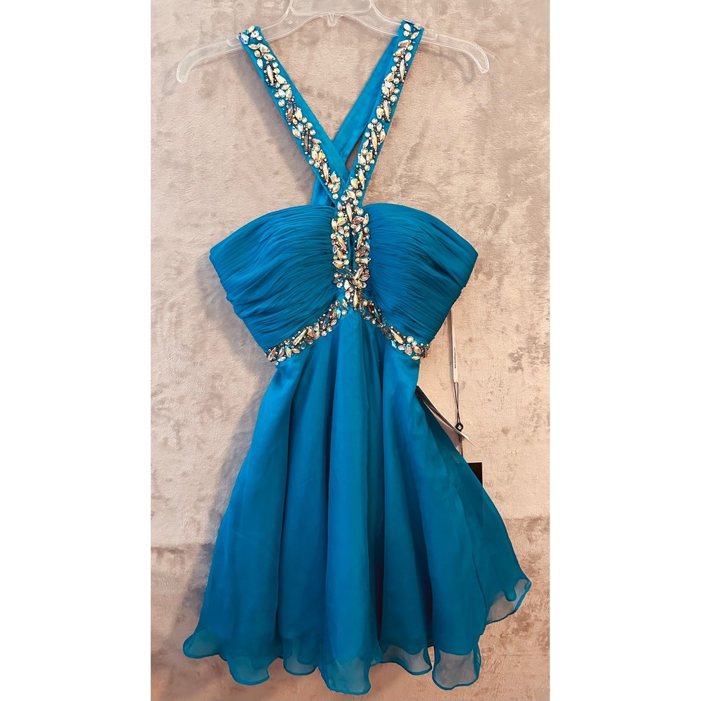 Alyce Paris Dress Size 8 Turquoise Blue Jeweled Halter Homecoming Dress 4409 NEW